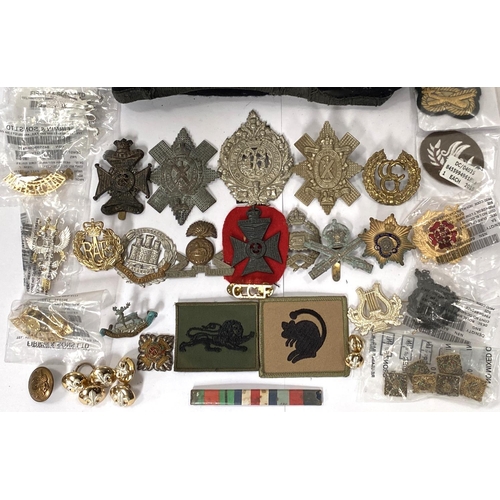 257 - A collection of military badges and buttons and a military beret