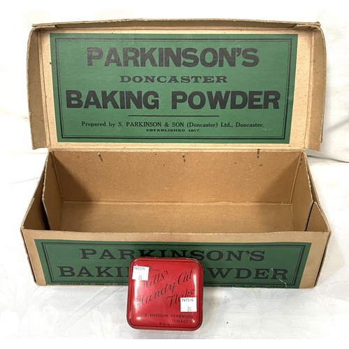 26 - A cardboard advertising box 'Parkinson's Baking Powder Doncaster' and a Will's Handy Cut Flake tin