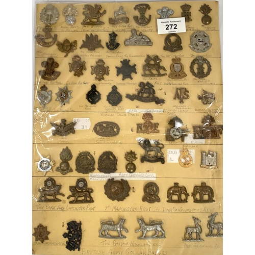 272 - A collection of military regimental badges on card, 'The Gordon Highlanders' etc