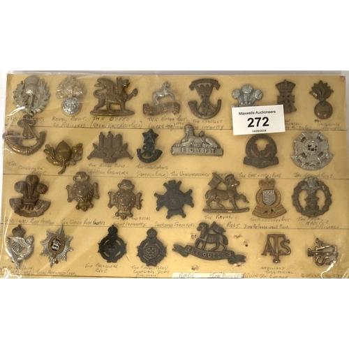 272 - A collection of military regimental badges on card, 'The Gordon Highlanders' etc