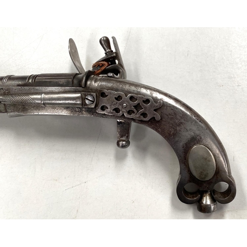 293 - A Scottish Highlands Murdoch style replica steel flintlock pistol, 'Rams Horn Flintlock' length 35cm