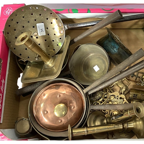 31 - A selection of brassware including candlesticks, horse brasses, saucepans etc