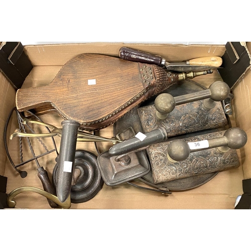 36 - A selection of fireside items including a pair of andirons; 2 Golferina iron stands, bellows etc