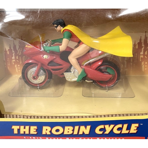 360 - Corgi DC comics, 1/16th scale models in boxes 'Batcycle' and 'The Robin Cycle' (boxes worn)