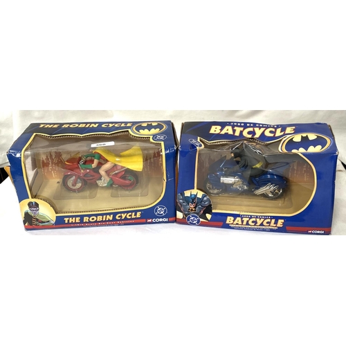 360 - Corgi DC comics, 1/16th scale models in boxes 'Batcycle' and 'The Robin Cycle' (boxes worn)