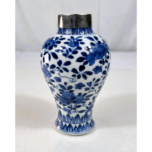 420 - A Chinese Kangxi period blue and white vase with applied silver rim (neck does not appear to be cut ... 