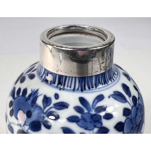 420 - A Chinese Kangxi period blue and white vase with applied silver rim (neck does not appear to be cut ... 