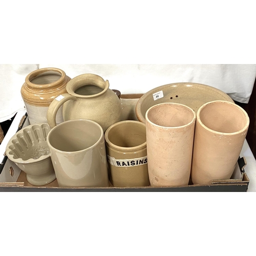 44 - A selection of kitchen stoneware including storage jars, jelly mould, colander etc