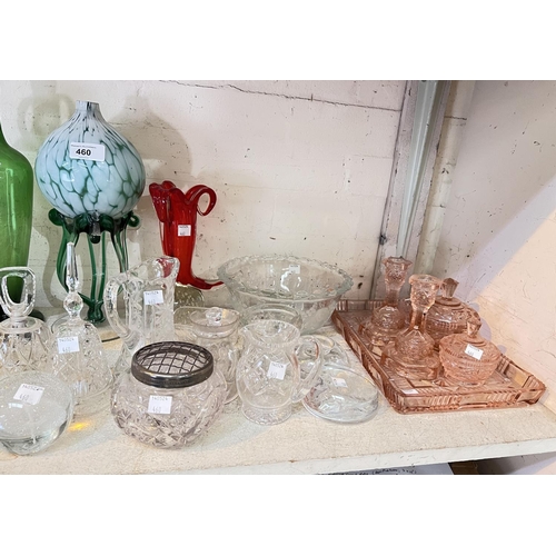 460 - Three Georgian style slice cut mallet decanters; glassware, drinking glasses and other coloured glas... 