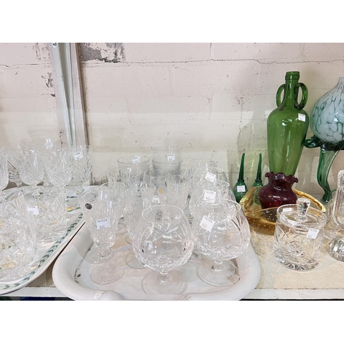 460 - Three Georgian style slice cut mallet decanters; glassware, drinking glasses and other coloured glas... 