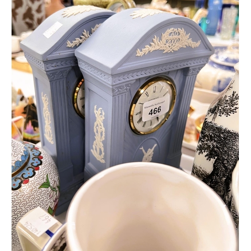 466 - A pair of Wedgwood blue jasperware mantel clocks, a Villeroy and Boch Artemis liqueur set etc