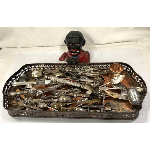 48 - A copper gallery tray, decorative cutlery and a cast metal Black Boy money box.*These items are list... 