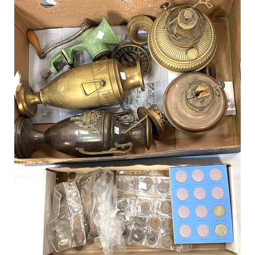 49 - Two brass reservoirs for Victorian oil lamps; a pair of brass vases; a vintage mincing machine; a co... 