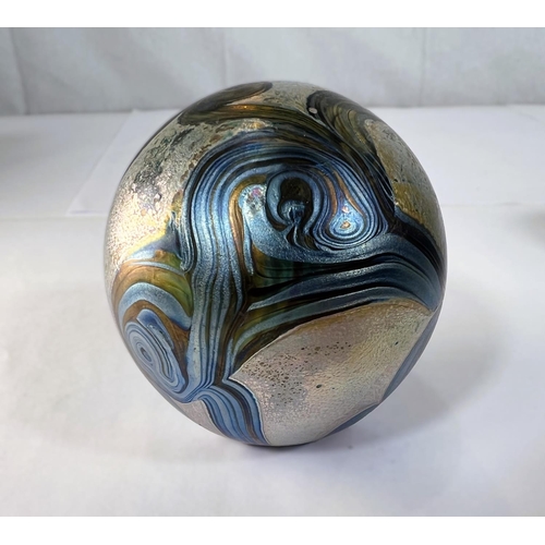 505 - Isle of Wight Paperweights: three large paperweights with labels to bases, all three with swirling i... 