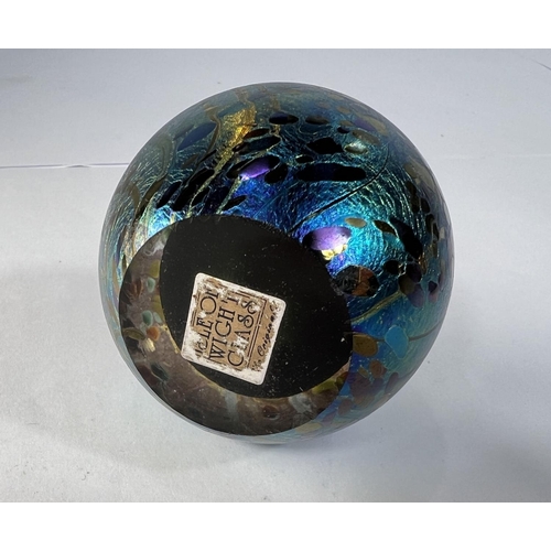 508 - Isle of Wight Glass: four small paperweights with labels, three iridescent lustre with varying colou... 