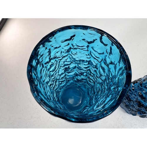 517 - Whitefriars Geoffrey Baxter designed 'Volcano' glass vase in Kingfisher blue pattern 9717, textured ... 