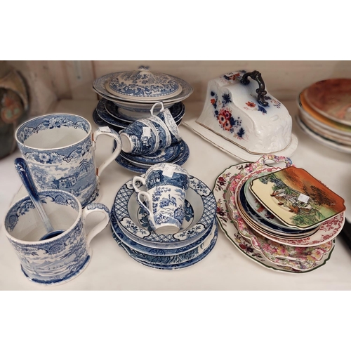 545 - A Victorian cheese dish; A selection of blue and white and other decorative pottery