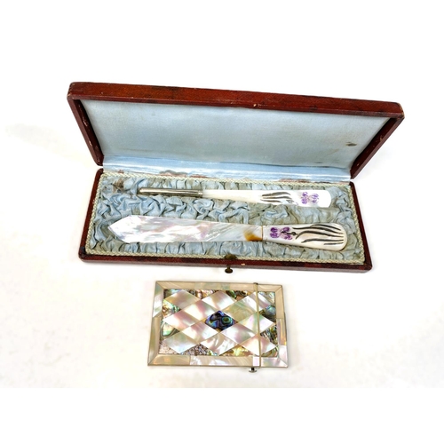 55 - A mother of pearl and abalone shell decorated card case; a boxed mother of pearl letter opener and a... 