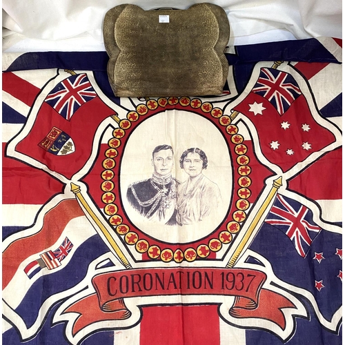 57 - A vintage 1930's snake skin handbag; A George VI and Queen Elizabeth 1937 Coronation Union flag