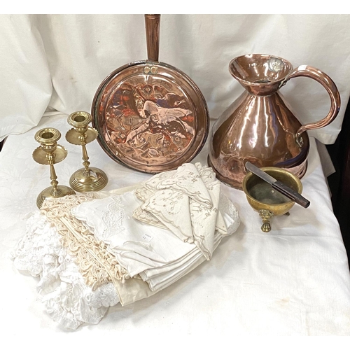 61 - A 19th century copper beer jug, one gallon: a copper warming pan; a selection of lace and other line... 