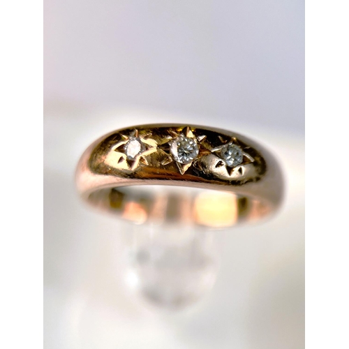 616 - An Edwardian 9 ct rose gold gypsy ring set with 3 diamonds, 4.5gm, size N