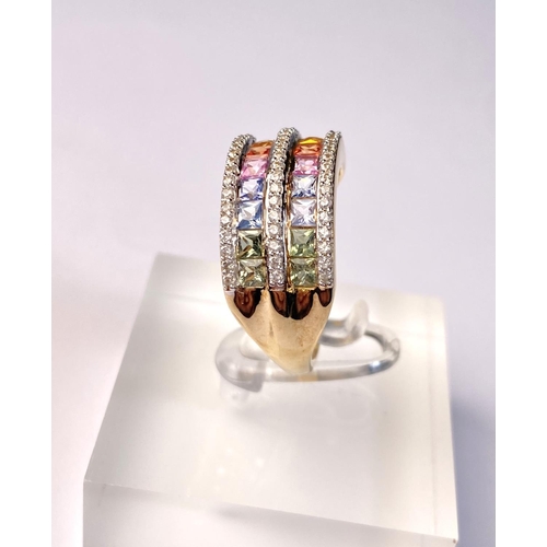 625 - A 9 carat hallmarked dress ring with 3 bands of clear stones and 2 bands of rainbow coloured stones,... 