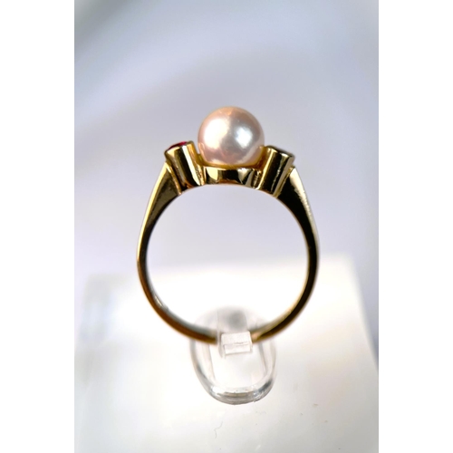 626 - A 9ct gold ring set with a central pearl flanked by 2 small rubies, 3.3gm size N: a 9ct gypsy style ... 