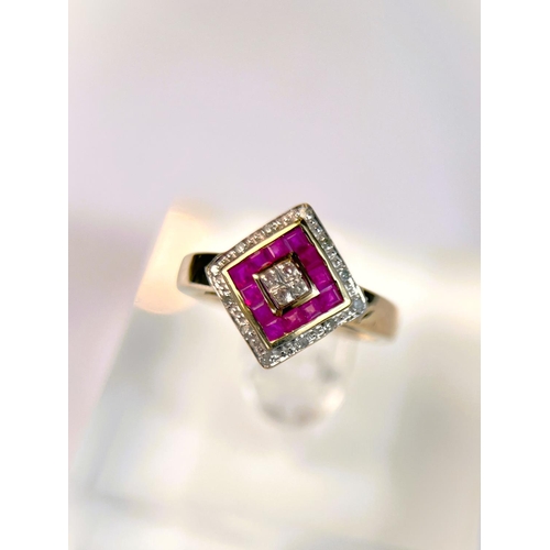 630 - A 9ct hallmarked gold dress ring with offset square with bands of small diamonds and rubies, 2.5gm, ... 