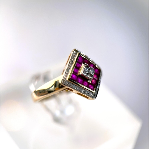 630 - A 9ct hallmarked gold dress ring with offset square with bands of small diamonds and rubies, 2.5gm, ... 