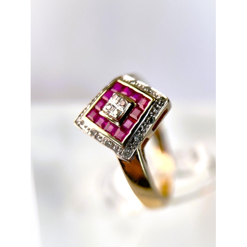 630 - A 9ct hallmarked gold dress ring with offset square with bands of small diamonds and rubies, 2.5gm, ... 