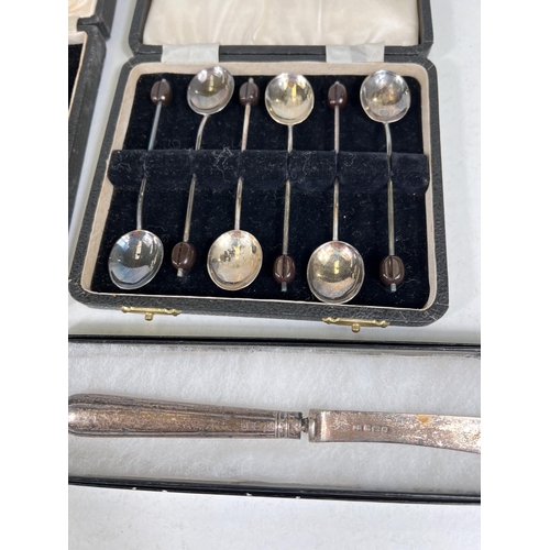 654 - A cased set of 6 hallmarked silver beanknop teaspoons; napkin ring, cutlery etc