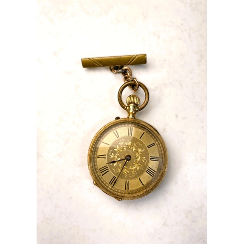 657 - A chased yellow metal open faced keyless fob watch, the outer back case stamped 14K (a.f); a similar... 