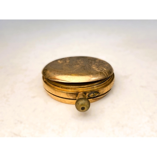 657 - A chased yellow metal open faced keyless fob watch, the outer back case stamped 14K (a.f); a similar... 