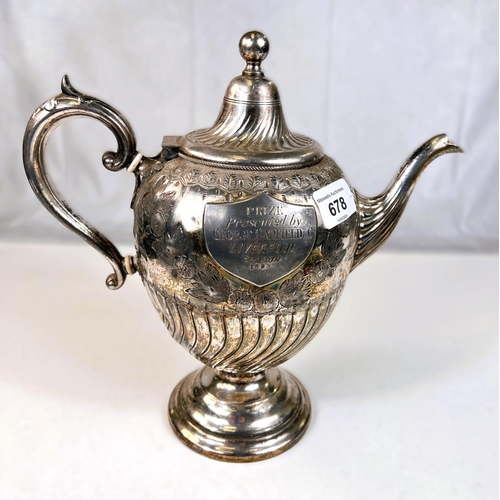 678 - A Liverpool Football related silverplated 1893 season teapot prize presented by George Hadfield