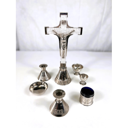 781 - A silver plated altar set with crucifix, candlesticks etc