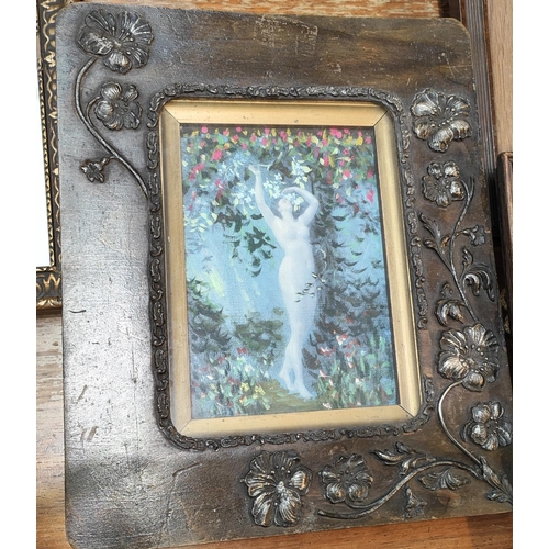 784 - An Art Nouveau oil painting in floral frame, a watercolour of woman in Georgian dress 1877 dated, ot... 