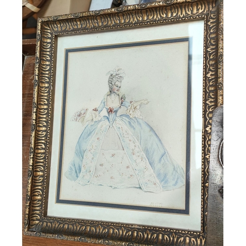 784 - An Art Nouveau oil painting in floral frame, a watercolour of woman in Georgian dress 1877 dated, ot... 