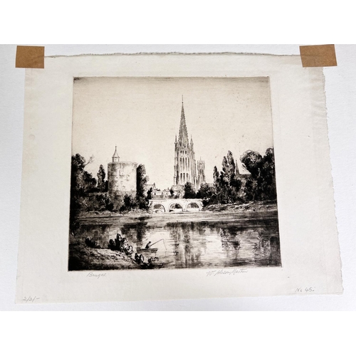 811 - J FRANCIS SMITH - etching Tewkesbury 23x28cm and 5 other British school etchings 