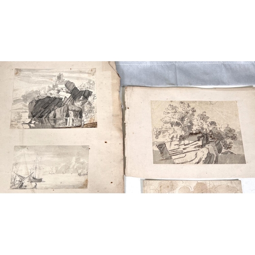 827 - An 18th century bistre pen and wash sketch of figures 93x105mm and 4 others on 2 album leaves 