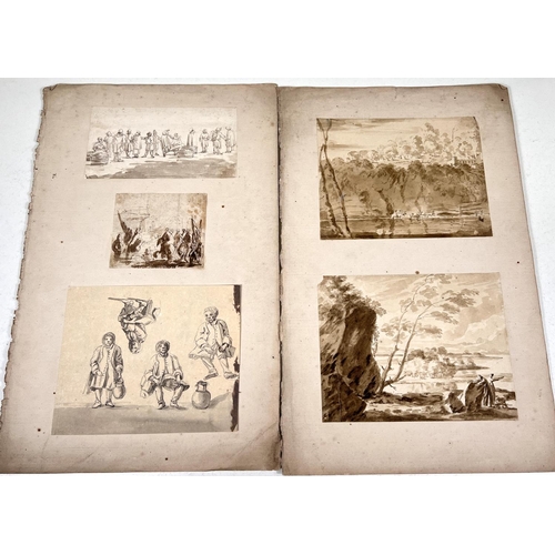 827 - An 18th century bistre pen and wash sketch of figures 93x105mm and 4 others on 2 album leaves 