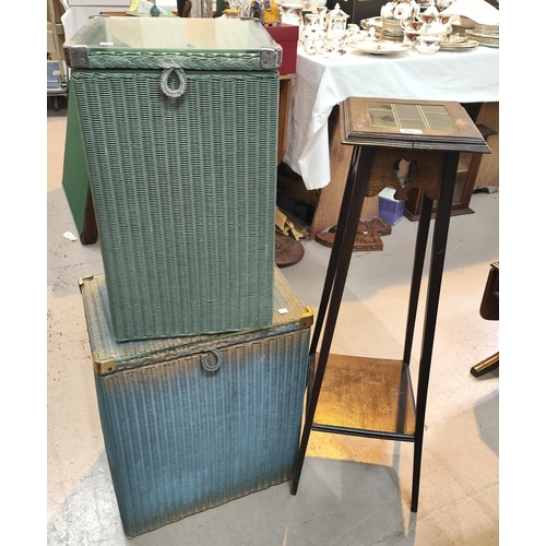 900 - An Arts & Crafts style two tier plant stand with tile top, and two Lloyd Loom linen baskets ... 