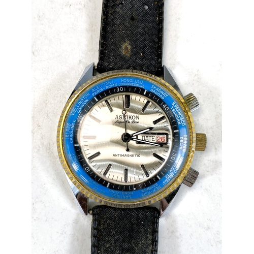 739 - A vintage Aseikon gents wristwatch with rotating inner blue bezel on Tropical strap