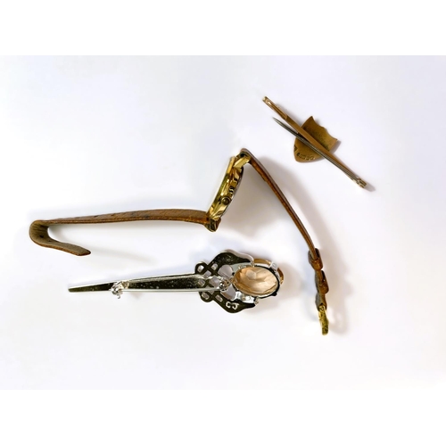 764 - A 9ct gold enamel shield bar brooch, Scottish brooch and a watch