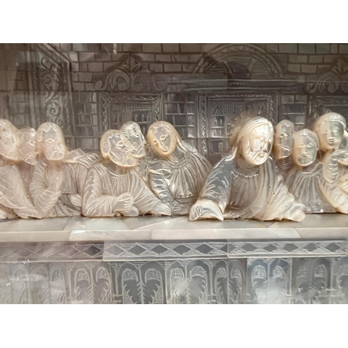 770 - A 19th century Mother of Pearl and olive wood last supper diorama, highly decorated, Jerusalem signa... 