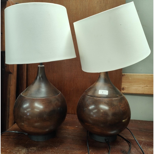 1 - A pair of gourd shaped stained wood table lamps