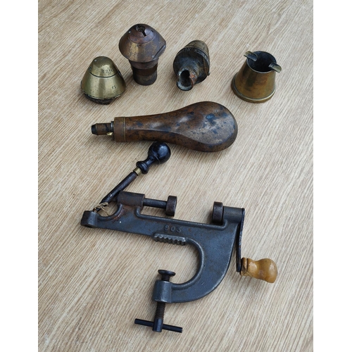 304 - Three antique inert shell fuses, various models, a copper shot flask, a cartridge loader and a trenc... 