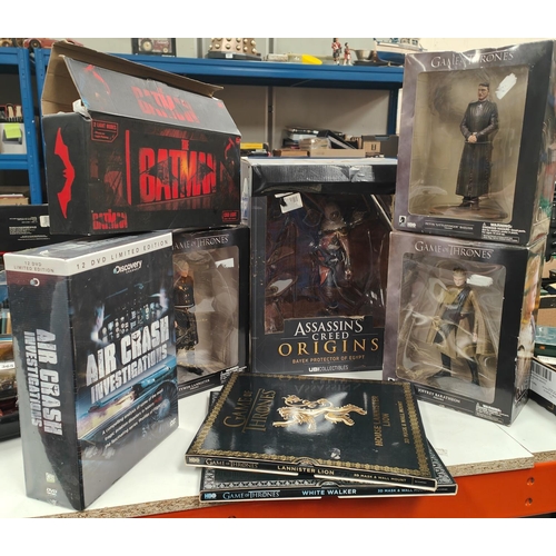 366 - A UBJ Collectables Assassins Creed Origins fighter boxed, Three boxed Game of Thrones figures; two G... 