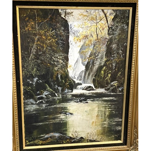 836 - A 20th century river landscape with waterfall, oil on canvas, signed indistinctly, 60 x 45cm framed;... 