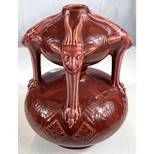 567 - Dr Christopher Dresser unusual continental double gourd shaped vase with goat mask mounts, signed to... 