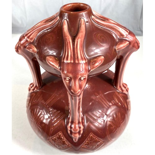 567 - Dr Christopher Dresser unusual continental double gourd shaped vase with goat mask mounts, signed to... 